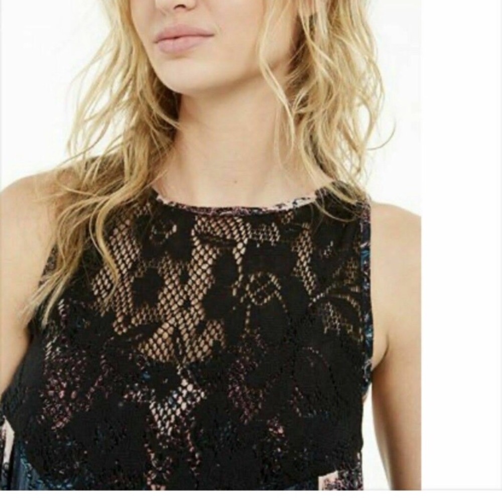 .Free People top Count Me In Trapeze babydoll dress top lace trim black blue S - Picture 8 of 12